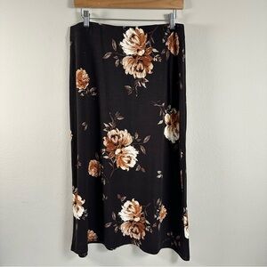 J. Jill Skirt Small Petite Brown Floral Midi A-Line Stretch Rayon Blend NWT Fall